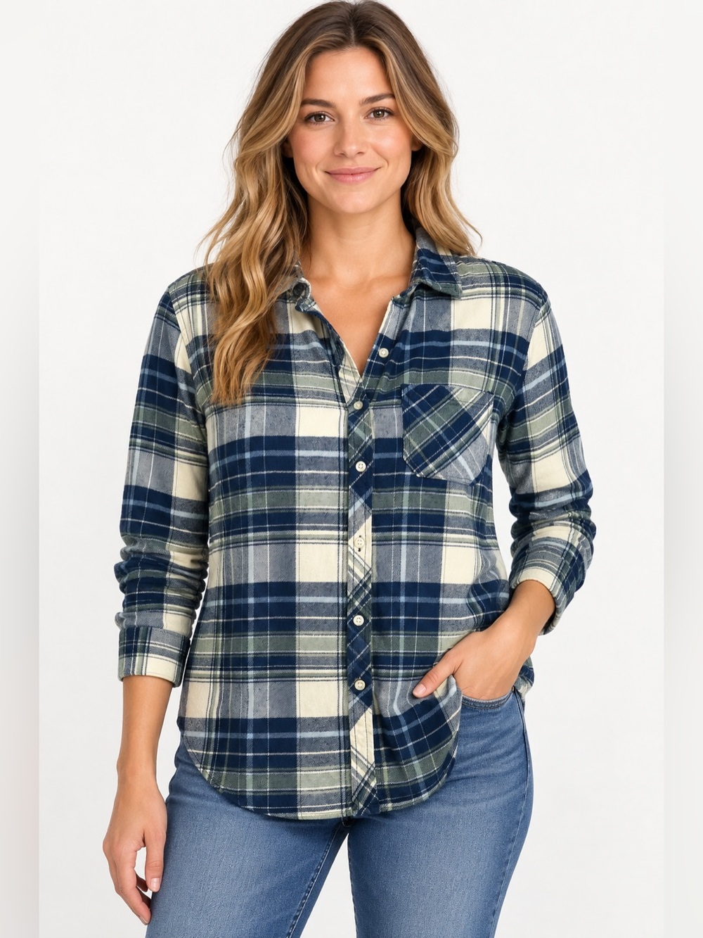 GAP Women’s Medium Plaid Flannel Shirt 100% Cotton Navy Green Button Down